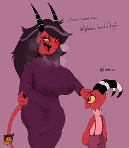 age_difference anthro big_breasts big_butt black_hair black_text bodily_fluids breasts butt dialogue duo female grey_background hair long_hair male male/female musk older_female overweight overweight_female red_body red_eyes red_skin simple_background smile standing sweat text yellow_eyes young younger_male grishnax hellaverse helluva_boss blitzo_(helluva_boss) tilla_buckzo demon imp absurd_res english_text hi_res mother_(lore) mother_and_child_(lore) mother_and_son_(lore) parent_(lore) parent_and_child_(lore) parent_and_son_(lore) son_(lore)