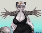 anthro big_breasts breasts cleavage clothed clothing curvy_figure female gradient_background hourglass_figure imminent_hug looking_at_viewer simple_background smile solo reina. felid feline mammal pantherine snow_leopard 2019