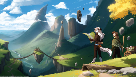 anthro bottomwear clothing cloud detailed_background digitigrade duo female fur gloves hair handwear long_hair male map markings mountain open_mouth outside pants ponytail river sky spots spotted_body spotted_fur staff standing text white_body white_fur white_hair conditional_dnp tom_fischbach twokinds maeve_riftwall random_farmer_(twokinds) felid human keidran mammal pantherine snow_leopard 2023 7:4 adobe_photoshop_(artwork) colored digital_media_(artwork) hi_res url