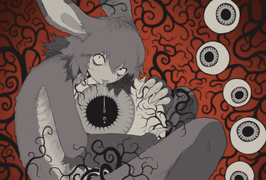 abstract_background ambiguous_anthro ambiguous_gender anthro arm_tuft ball blep bodily_fluids claws collar collar_only countershade_fur countershading drooling elbow_tuft eye_scar eyeball facial_scar flat_face fur grey_body grey_fur hair holding_ball holding_object horror_(theme) kemono nude plant saliva scar solo tongue tongue_out tuft vines jejejunum jejunum_(jejejunum) lagomorph leporid mammal rabbit 2025 digital_drawing_(artwork) digital_media_(artwork) hi_res female_(lore)
