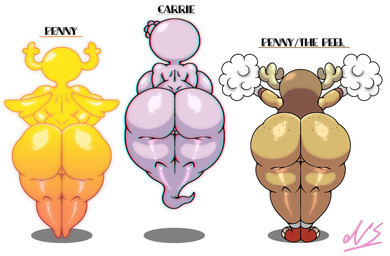 accessory anthro antlers armband back_boob big_breasts big_butt breasts butt butt_chart clothing curvy_figure female footwear freckled_butt freckles genitals ghost_tail glistening glistening_body group hair_accessory hairpin horn hovering huge_breasts huge_butt pom_poms presenting shoes simple_background square_crossover standing text trio vulva white_background wings nekosugar cartoon_network the_amazing_world_of_gumball carrie_krueger penny_fitzgerald fairy ghost spirit 2026 digital_media_(artwork) english_text hi_res