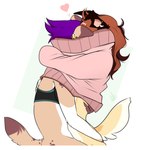 anthro brown_hair clothed clothing duo female female/female hair heart_symbol hug pose side_view wolflady danika_(wolflady) sussan canid canine canis domestic_dog mammal 2021 digital_drawing_(artwork) digital_media_(artwork) portrait three-quarter_portrait