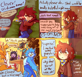 ambiguous_gender anthro asian_clothing beak bed biped blush blush_lines clothed clothed_anthro clothed_human clothing cooking_fail dialogue east_asian_clothing emanata fangs freckles fully_clothed fully_clothed_human furniture group japanese_clothing kimono linked_speech_bubble lying on_side open_mouth open_smile pointy_speech_bubble smile smoke solo speech_bubble teeth text waking_up winged_arms wings young young_human darlie-charlie undertale_yellow ceroba_ketsukane clover_(undertale_yellow) dalv_(undertale_yellow) martlet_(undertale_yellow) starlo_(undertale_yellow) avian bird canid canine fox human humanoid mammal unknown_species vampire 2024 comic digital_drawing_(artwork) digital_media_(artwork) english_description english_text hi_res female_(lore) male_(lore)