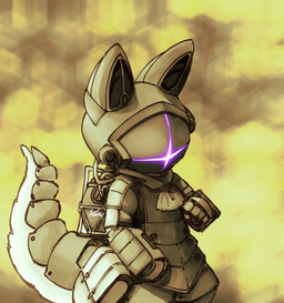 5_fingers ambiguous_gender anthro armor ascot bag brown_armor brown_clothing clothing cosplay curled_tail fingers fluffy fluffy_tail furgonomic_headwear furgonomics headgear helmet pattern_background purple_light satchel simple_background solo tail tail_armor three-quarter_view visor keimura_ksong_(artist) made_in_abyss bondrewd nanachi lagomorph mammal narehate 2026 hi_res portrait signature three-quarter_portrait