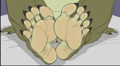 5_toes anthro barefoot bed black_claws claws countershade_feet countershading feet female fingers foot_fetish foot_focus furniture green_body humanoid_feet multicolored_body nails nude plantigrade sitting soles solo toe_claws toes wrinkled_feet wrinkles lexartx reptile scalie snake hi_res