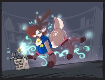 antlers bell bell_collar blue_eyes breasts brown_body brown_hair busty_feral collar female feral hair holidays hooves horn inside looking_down magic plushie red_nose solo surprised tail text transformation tgwonder christmas animate_inanimate deer living_plushie mammal new_world_deer reindeer 2025 digital_media_(artwork) english_text