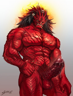 3_eyes abs balls biceps bodily_fluids bone claws erection genital_fluids genitals glans hair lykke male multi_eye muscular muscular_male not_furry pecs penis precum red_body ridged_penis simple_background skull solo standing begtse_(god_of_war) colored digital_drawing_(artwork) digital_media_(artwork) hi_res portrait