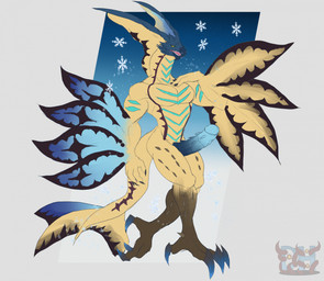 anthro black_claws black_sclera blue_claws blue_penis claws erection fan_tail fangs genitals hand_on_chest head_crest leg_markings looking_at_viewer male markings multicolored_body muscular muscular_anthro muscular_male nude nude_anthro nude_male open_mouth pecs penile_spines penis pupils simple_background slit_pupils snowflake socks_(marking) solo striped_body stripes tail teeth toe_claws winged_arms wings yellow_eyes daikuhiroshiama capcom monster_hunter flying_wyvern legiana 2025 hi_res