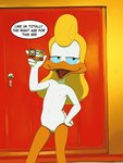 adolescent anthro beak blonde_hair blue_sclera detailed_background dialogue eyelashes female flat_chested genitals hair half-closed_eyes hand_on_hip id_card locker_room narrowed_eyes navel nipples nude open_mouth pussy raised_hand smile solo standing young young_anthro young_female drockdraw tiny_toon_adventures warner_brothers shirley_the_loon anatid anseriform avian bird duck loon 2022 hi_res