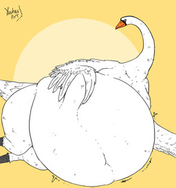 ambiguous_gender anthro beak belly big_belly feathers huge_belly looking_at_viewer lying on_side orange_beak overweight rumbling_stomach simple_background solo tail white_arms white_belly white_body white_feathers white_tail white_wings wings yellow_background yauhasart anatid anseriform anserine avian bird swan 2025 hi_res