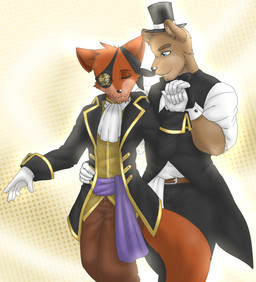 anthro athletic athletic_anthro athletic_male black_tie_(suit) blue_eyes bow_tie brown_body brown_fur clothing duo eye_patch eyes_closed eyewear fingers fur gloves hand_holding hand_on_hip handwear hat headgear headwear jacket male male/male multicolored_body multicolored_fur muscular muscular_anthro muscular_male red_body red_fur simple_background smile standing suit top_hat topwear two_tone_body two_tone_fur nukde five_nights_at_freddy's scottgames foxy_(fnaf) freddy_(fnaf) bear canid canine fox mammal 2015 digital_media_(artwork) hi_res