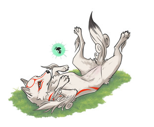 4_toes claws feet female feral fur inner_ear_fluff lying lying_on_ground on_back on_ground quadruped simple_background smile solo tail teats toe_claws toes tuft white_body white_fur white_tail yellow_eyes brian_edwards niffad capcom okami_(capcom) amaterasu_(okami) issun_(okami) canid canine canis mammal wolf 2024 digital_media_(artwork)