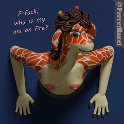 anthro areola big_areola blush bodily_fluids breasts brown_hair clenched_teeth curly_hair female fur hair looking_back nervous nipples orange_body orange_eyes orange_fur pink_nipples profanity simple_background small_breasts solo sweat tan_body tan_fur teeth text through_wall ferrethazel delilah_(ferrethazel) giraffe giraffid mammal 1:1 3d_(artwork) absurd_res digital_media_(artwork) english_text hi_res