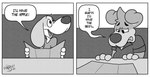 clothed clothing dialogue dress_shirt duo floppy_ears furniture male menu shirt sitting speech_bubble t-shirt table text toony topwear doodledoggy applebee's doodle_(doodledoggy) beagle canid canine canis domestic_dog hunting_dog mammal scent_hound toonkind comic english_text half-length_portrait hi_res monochrome portrait