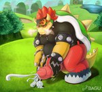 animal_genitalia anthro blush bodily_fluids clothed clothing collar detailed_background genitals golf_course hair male masturbation penis plant shell solo spiked_penis spikes spikes_(anatomy) tree bagu conditional_dnp mario_bros mario_golf mario_golf:_super_rush nintendo bowser koopa scalie absurd_res digital_media_(artwork) hi_res