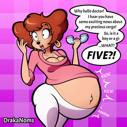 5_fingers anthro belly belly_overhang big_belly big_butt butt checkered checkered_background dialogue ear_piercing ear_ring electronics female fetal_movement fingers greeting huge_belly hyper hyper_pregnancy logo navel outie_navel pattern_background phone piercing pregnant pregnant_female ring_piercing shocked simple_background solo speech_bubble text drakanoms disney goof_troop peg_pete mammal 1:1 2021 absurd_res artist_logo artist_name english_text hi_res