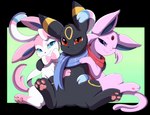 2021 alpha_channel black_body black_fur blue_eyes border cuddling eeveelution espeon eyelashes featureless_crotch female feral fur fur_markings generation_2_pokemon generation_6_pokemon gradient_background group hi_res lidded_eyes looking_back male markings nintendo one_eye_closed pawpads pokemon pokemon_(species) pridark purple_body purple_fur scarf simple_background sitting smile spread_legs spreading sylveon teasing text trio umbreon underpaw url white_body white_border white_fur wink