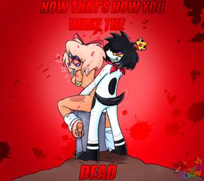 accessory anthro black_hair black_spots blonde_hair blood blue_eyes bodily_fluids bow_ribbon braces brown_body brown_fur brown_spots clothing crown death dirt duo female fur grave green_tongue hair hair_accessory hair_bow hair_ribbon headgear leg_warmers legwear male male/female necrophilia pink_bow pink_eyes red_background red_scarf ribbons scarf simple_background spots tongue white_body white_fur yellow_sclera mayhemtown mayhem_(mayhemtown) sally_o'malley canid canine mammal undead worm zombie hi_res