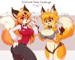 2_tails ahoge alternate_costume anthro big_breasts biped blush bottomwear bow_tie breasts cleavage clothed clothing clothing_swap diamond_(marking) duo ear_piercing ear_ring female fur hair half-closed_eyes hand_on_hip inner_ear_fluff looking_at_viewer markings multi_tail multicolored_body narrowed_eyes navel navel_piercing open_mouth orange_body orange_fur pants piercing ring_piercing shirt shorts smile standing tail text topwear tuft unzipped unzipped_pants vest white_body yellow_body yellow_fur zipper jasminthemanticore jasmin_(jasminthemanticore) lisa_(jasminthemanticore) canid canine fox mammal red_fox true_fox 2022 absurd_res digital_media_(artwork) english_text hi_res