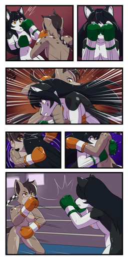anthro boxing boxing_gloves boxing_gloves_only braided_hair breasts clothing duo female female/female fight fighting_ring fur genitals hair handwear handwear_only impact_lines mostly_nude multicolored_body multicolored_fur multicolored_hair nipples nude simple_background sport two_tone_body two_tone_fur two_tone_hair vulva yellow_eyes deathzera canid canine canis domestic_dog husky mammal nordic_sled_dog spitz 2020 absurd_res comic digital_media_(artwork) hi_res