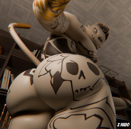 :3 anthro back_tattoo big_butt big_muscles big_pecs black_hair blind_eye bubble_butt butt butt_focus butt_tattoo cheek_tuft chest_tattoo circumcised erection eye_scar facial_scar facial_tuft fur genitals hair humanoid_genitalia humanoid_penis leg_tattoo looking_back low-angle_view male muscular muscular_anthro muscular_male nipples pecs penis rear_view scar smile solo tail tattoo tuft white_body white_fur yellow_eyes z_hado camseven_(modeler) meowdas domestic_cat felid feline felis mammal 2025 3d_(artwork) digital_media_(artwork) english_description hi_res