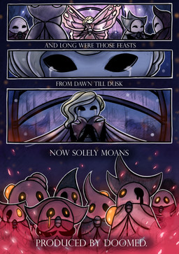 4_panel_comic ambiguous_gender anthro biped black_eyes blonde_hair bodily_fluids clothed clothing crying female group hair orange_eyes standing tears text white_text wings netmors hollow_knight_(franchise) team_cherry marissa_(hollow_knight) arthropod infected_(species) 2019 absurd_res comic english_text hi_res