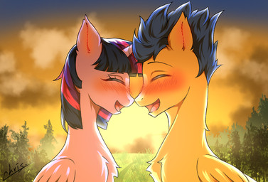 blue_hair blush blush_lines duo female feral hair horn laugh male male/female purple_body sunset wings yellow_body chris045 friendship_is_magic hasbro my_little_pony mythology flash_sentry_(mlp) twilight_sparkle_(mlp) equid equine mammal mythological_creature mythological_equine pegasus unicorn winged_unicorn hi_res