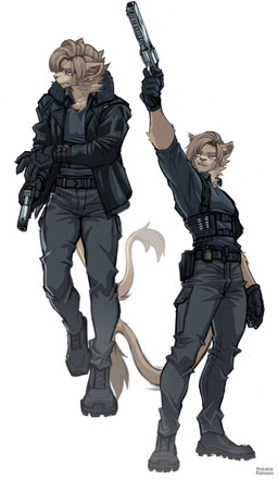 anthro belt blue_eyes boots bottomwear brown_body brown_fur brown_hair clothing eyebrows eyelashes footwear fur gloves gun hair handgun handwear inner_ear_fluff jacket male pants pistol ranged_weapon shirt shoes solo tail tail_tuft topwear tuft weapon potatokamaos capcom resident_evil leon_kennedy felid lion mammal pantherine 2026 absurd_res hi_res