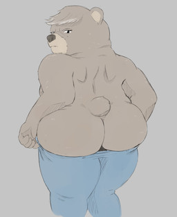 4_fingers anthro arms_bent big_butt biped black_eyes black_nose blue_bottomwear blue_clothing blue_pants bottomwear breasts brown_body brown_breasts brown_claws brown_ears brown_eyebrows brown_fur brown_tail butt claws clothed clothing curved_eyebrows denim denim_bottomwear denim_clothing eyebrows eyelashes facial_markings fangs female finger_claws fingers fur fur_tuft glistening glistening_eyes grey_background head_markings head_tuft head_turned iris jeans legs_together light_body light_fur long_eyelashes looking_at_viewer looking_back looking_back_at_viewer markings mature_anthro mature_female monotone_background mouth_closed multicolored_body multicolored_fur muzzle_(marking) no_pupils no_underwear pants pants_only pseudo_hair short_tail side_boob simple_background snout solo standing struggling_to_fit tail tan_inner_ear tan_markings teeth thick_thighs tight_fit topless topless_anthro topless_female tuft two_tone_body two_tone_fur white_sclera amomw beneath_the_trees_where_nobody_sees samantha_strong bear mammal 2026 digital_drawing_(artwork) digital_media_(artwork) hi_res portrait three-quarter_portrait