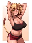 big_breasts blonde_hair bodily_fluids bottomwear breasts cleavage clothed clothing female hair hotpants shorts solo sweat kevbot animal_humanoid cat_humanoid felid felid_humanoid feline feline_humanoid humanoid mammal mammal_humanoid 3:4 hi_res