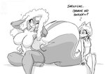 anthro big_breasts breasts dialogue drying duo eyewear female glasses nipples nude sitting sniffing text towel conditional_dnp jollyjack chloe_sinclaire maxine_maxine domestic_cat felid feline felis mammal mephitid skunk 2023 english_text greyscale monochrome