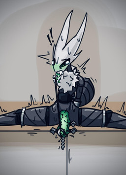 arms_tied arthropod_abdomen bdsm black_body black_eyes blush bodily_fluids bound cock_and_ball_torture crying exclamation_point genital_piercing genital_torture genitals green_blush green_penis green_tongue legs_tied male neck_tuft no_pupils object_in_urethra penetration penis penis_piercing piercing shaking simple_background solo sounding_rod sweat tears tongue tongue_out tongue_piercing trembling tuft urethral urethral_penetration white_mask hallowed_knight_34 hollow_knight_(franchise) team_cherry bandit_(hallowed_knight_34) arthropod vessel_(species) hi_res