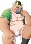 anthro asian_clothing balls_outline belly blush bulge clothing detailed_bulge east_asian_clothing fundoshi genital_outline happi_(clothing) humanoid_hands japanese_clothing kemono male moobs nipples overweight overweight_anthro overweight_male penis_outline scar sitting solo underwear inunodaidokoro lifewonders tokyo_afterschool_summoners yasuyori_(tas) canid canine canis domestic_dog mammal 2021 hi_res