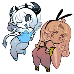 anthro big_butt black_sclera blue_clothing blue_leotard breasts bunny_costume butt chibi cleavage clothed clothing costume cuffs_(clothing) cute_fangs duo eyelashes fake_ears fake_horns fake_rabbit_ears fangs female footwear fur gesture green_clothing green_leotard hair hand_gesture hand_on_butt hand_on_hip high_heels horn leaning leaning_forward legwear leotard one_eye_closed pantyhose pointing scut_tail shoes short_tail simple_background spade_tail tail tan_body tan_fur tan_hair teeth thick_thighs white_background white_body white_hair kangeldevil beau_(kangeldevil) lucia_(stxrbears) demon demon_humanoid humanoid lagomorph leporid mammal rabbit 1:1