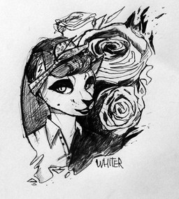 anthro clothed clothing female flower narrowed_eyes plant rose_(flower) smile solo topwear wearing_hat unknowhiter felid mammal 2015 bust_portrait monochrome portrait signature traditional_media_(artwork)