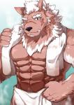 abs anthro biceps fur hair male muscular muscular_anthro muscular_male one_eye_closed pecs pubes red_eyes scar solo tan_body tan_fur towel towel_only white_hair mowang_yu lifewonders tokyo_afterschool_summoners marchosias_(tas) canid canine canis demon mammal wolf absurd_res hi_res