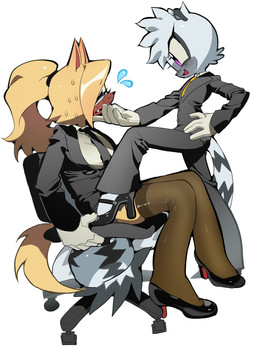 anthro bodily_fluids chair clothing duo female female/female female_anthro footwear furniture gloves hand_on_chin handwear high_heels legwear necktie nervous office_chair office_clothing office_lady raised_leg shoes simple_background sitting suit sweat tail thigh_highs white_background kosherea idw_publishing sega sonic_the_hedgehog_(comics) sonic_the_hedgehog_(idw) sonic_the_hedgehog_(series) tangle_the_lemur whisper_the_wolf canid canine canis lemur mammal primate ring-tailed_lemur strepsirrhine wolf absurd_res hi_res