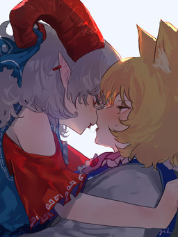 accessory after_kiss blonde_hair blush bodily_fluids bovid_horn caprine_horn clothed clothed_female clothed_humanoid clothing duo ear_piercing ear_ring eye_contact face_to_face female female/female female_humanoid furgonomics grey_hair hair horn horn_accessory horn_ribbon humanoid_pointy_ears looking_at_another piercing pointy_ears red_eyes red_horn ribbons ring_piercing saliva saliva_string simple_background tongue white_background yellow_eyes eneshi_(artist) touhou ran_yakumo yuuma_toutetsu animal_humanoid bovid bovid_humanoid canid canid_humanoid canine canine_humanoid caprine caprine_humanoid fox_humanoid horned_humanoid humanoid mammal mammal_humanoid absurd_res hi_res