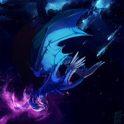 blue_body claws cosmic_background feathers feral horn membrane_(anatomy) membranous_wings open_mouth solo space tail teeth tongue wings ravoilie mythology dragon feathered_dragon feathered_scalie mythological_creature mythological_scalie scalie 1:1 2015 digital_media_(artwork) hi_res