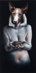 5_fingers anthro black_background bone breasts brown_eyes female fingers front_view fur grey_nose holding_object jaw multicolored_body multicolored_fur navel nude simple_background solo standing teeth unknown_artist canid canine mammal