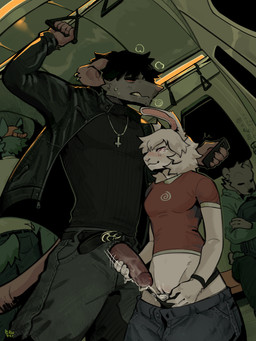 anthro bodily_fluids bottomwear clothed clothing cum cum_in_clothing cum_in_panties cum_in_pants cum_in_partner's_clothing cum_in_underwear cum_smuggling duo exhibitionism female genital_fluids genitals handjob inverted_cross_necklace male male/female panties pants penile penis precum public public_sex public_transportation risky sex subway train underwear vehicle plaguerat ash_(plaguerat) doug_(plaguerat) lagomorph leporid mammal murid murine rabbit rat rodent 3:4 absurd_res hi_res