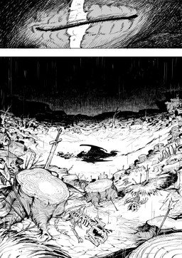 ambiguous_gender arrow_(weapon) black_body black_scales bone branch extreme_size_difference eye_scar eyes_closed facial_scar feral group head_horn horn larger_feral lying melee_weapon membrane_(anatomy) membranous_wings nest plant raining ranged_weapon scales scar size_difference skeleton small_comic smaller_feral standing sword sword_stab tail tree tree_stump weapon wings chiayeeee mythology ambient_flier dragon mythological_creature mythological_scalie scalie 2022 absurd_res comic digital_drawing_(artwork) digital_media_(artwork) end_page greyscale hi_res monochrome