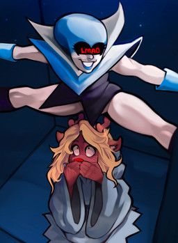 anthro blonde_hair brown_body clothing duo female female/female freckles hair hand_on_mouth high-angle_view lmao looking_under_clothing looking_up red_nose robe smile surprised lunarkyoz deltarune undertale_(series) noelle_holiday queen_(deltarune) deer humanoid mammal hi_res