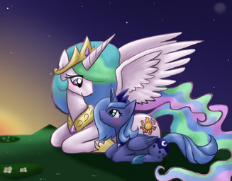 blue_eyes blue_hair blush crown cutie_mark detailed_background duo feathered_wings feathers female feral flower grass hair headgear horn light looking_down looking_up lying plant purple_eyes smile star sunlight sunset tail toony wings fenneklns friendship_is_magic hasbro my_little_pony mythology princess_celestia_(mlp) princess_luna_(mlp) equid equine mammal mythological_creature mythological_equine winged_unicorn low_res sibling_(lore) sister_(lore) sisters_(lore)