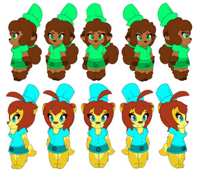 anthro barefoot blue_eyes bottomwear breasts clothing duo feet female green_eyes hat headgear headwear skirt smile kemotobi cinnamon_(kemotobi) honey_(kemotobi) bear bovid caprine mammal sheep 2014