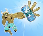 5_fingers anthro beverage_can blue_background body_hair bottomwear brown_body brown_fur chest_hair clothing eyewear fingers fur holding_object hooves horn light looking_at_viewer male nipples shorts simple_background smile solo sunglasses text unguligrade stagor55 bovid bovine cattle mammal 2024 compression_artifacts english_text hi_res lighting