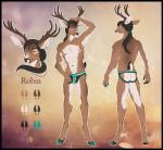 anthro antlers biped black_border blue_eyes border brown_body brown_fur brown_hair bulge butt clothed clothing ear_piercing fur hair hoofprint hooves horn jockstrap looking_at_viewer male mostly_nude piercing solo standing tan_body tan_fur topless underwear foxinajacket robin_(lafayel) deer mammal model_sheet