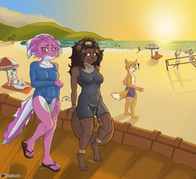 anthro beach bladder_bulge bodily_fluids detailed_background duo female genital_fluids omorashi public public_exposure urine walking watersports wetting flat_triangles ta'hira_(dragontear) amphibian aquatic axolotl mammal mole_salamander mustelid otter salamander hi_res