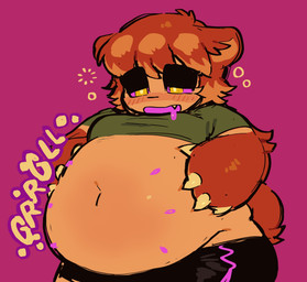 ambiguous_anthro ambiguous_gender anthro arm_tuft belly big_belly big_eyes black_bottomwear black_clothing black_shorts bloated bodily_fluids bottomwear brown_body brown_fur brown_hair claw_fingers claws clothed clothing colored_saliva drooling ear_tuft emanata fluffy fluffy_tail fur furless_torso gurgle_(sound_effect) hair hairless_face hand_on_belly hotpants lidded_eyes love_handles moobs multi_nipple multicolored_eyes navel nipples overweight overweight_ambiguous overweight_anthro partially_furred pupils purple_saliva purple_sclera raised_clothing raised_shirt raised_topwear round_ears rumbling_stomach saliva shirt short_hair short_sleeves short_tail shorts solo tail tan_belly tan_body tan_skin teats topwear tuft unusual_bodily_fluids unusual_saliva vore weight_gain yellow_pupils serafphim nintendo splatoon charlie_(serafphim) bear mammal 2026 half-length_portrait hi_res portrait sketch male_(lore)