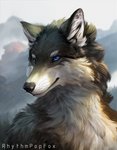 anthro black_nose blue_eyes blurred_background detailed_fur fur grey_body grey_fur light male smile solo whiskers white_body white_fur rhythmpopfox canid canine canis mammal wolf 2020 bust_portrait detailed lighting portrait signature